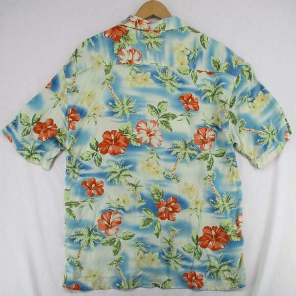 Vintage Pierre Cardin Hawaiian Button Up Shirt sz XL Men Blue Red Palms Hibiscus - Picture 7 of 7
